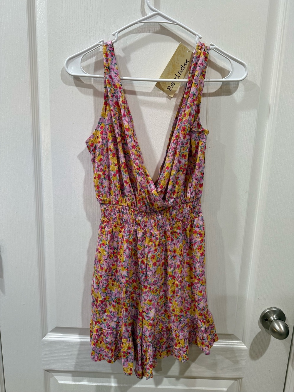 Rewind NWT Pink and Yellow Flirty Floral Romper Jumpsuit